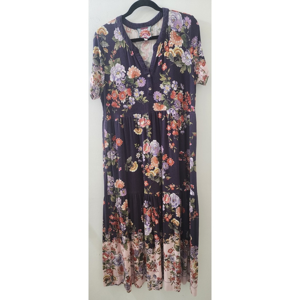 Johnny Was Floral Print Tiered Maxi Dress Purple Short Sleeve Rayon Blend Large